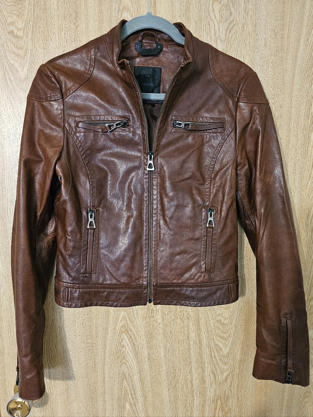 Rudsak Vintage Cognac Brown Leather Moto Bomber Jacket Y2K Retro Size M